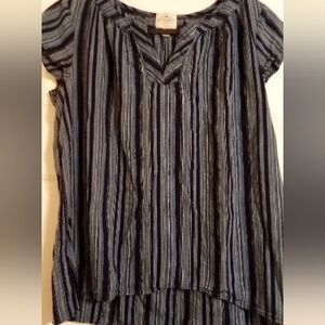 Boho Style Black & Blue Stripe Ruffle Sleeved Blouse Size Medium